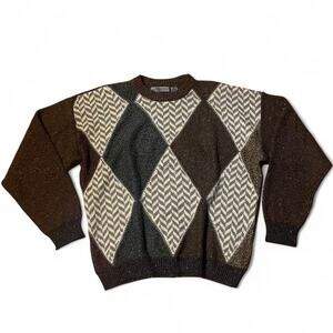 Vintage Argyle Knit Sweater Mens L Brown Gray Geometric Crewneck Pullover Retro